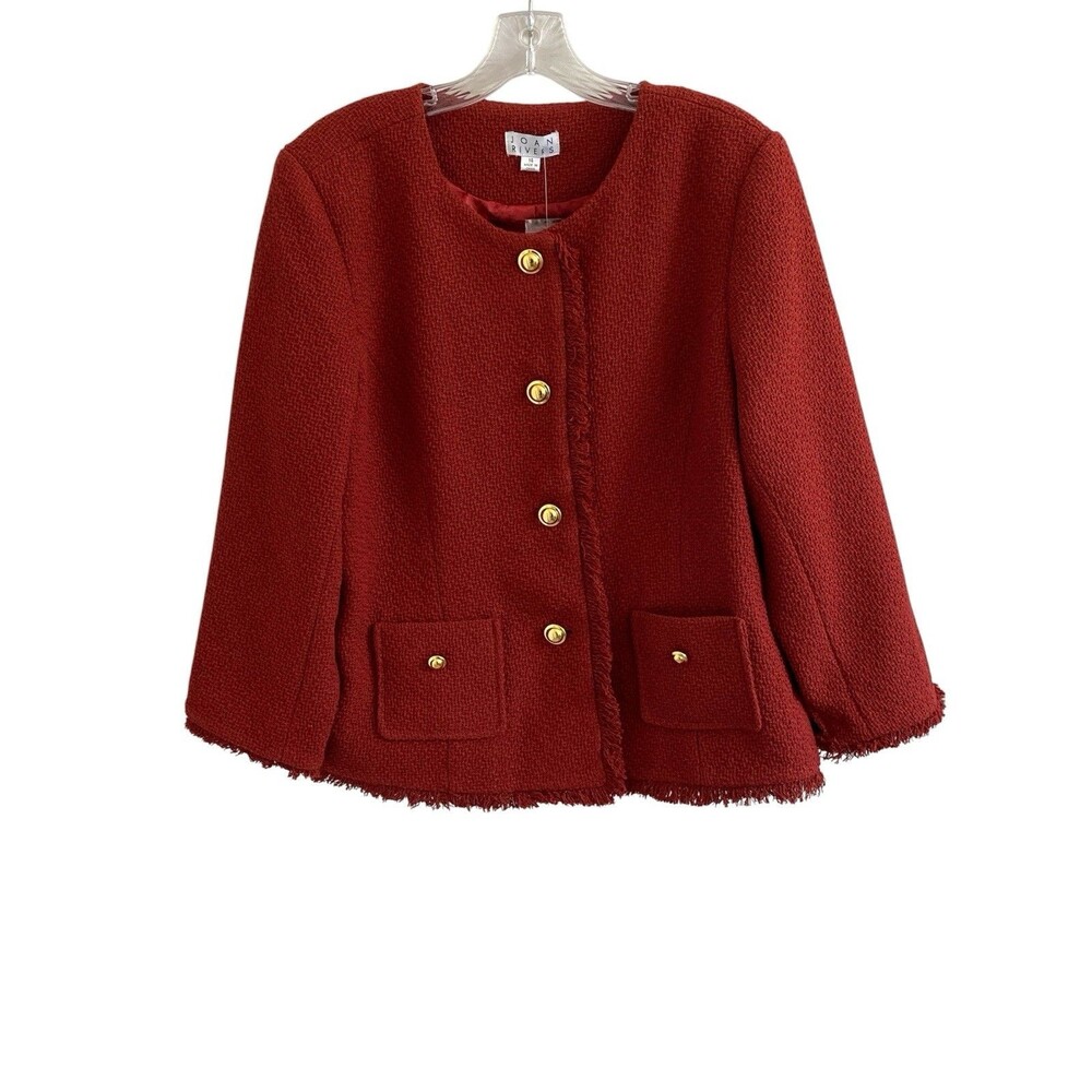 NWOT Joan Rivers Red Tweed Fringe Blazer Jacket Gold Buttons Womens Size 14